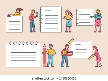 People who write large office supplies and write notes. Various concept notes and cute people decoration. flat design style minimal vector illustration.