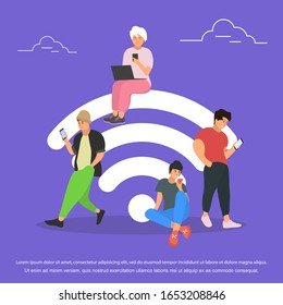Gente en la zona wi-fi. Hilo plano.Ilustración vectorial