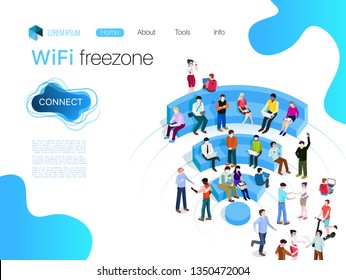 People in wi-fi zone. Public Wi-Fi zone wireless connection technology. Isometric 3d vector illustrations, Web, lending, banner. People surfing internet on the shaped seats of WiFI.