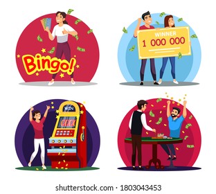 People win big money in gambling game set scene. Smiling woman won lottery or slot machines. Man hit jackpot in casino or poker. Happy couple holds million bank check. Vector character illustration