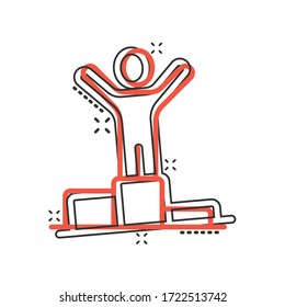 People win icon in comic style. Champion on podium cartoon vector illustration on white isolated background. Award ceremony splash effect business concept.