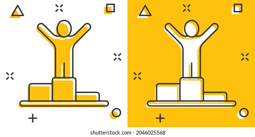 People win icon in comic style. Champion on podium cartoon vector illustration on white isolated background. Award ceremony splash effect business concept.