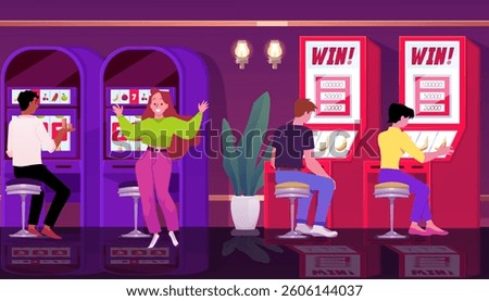 People win jackpot on casino slot machine, gambling game. Vector illustration of cartoon casino entertainment industry, money business, nightlife, Las Vegas. Casino interior
