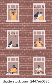 Personas en la ventana en la casa de ladrillo marrón. Vecinos. Quédate en casa concepto. Ilustración vectorial