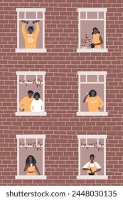 Personas en la ventana de la casa marrón. Los negros. Vecinos. Quédate en casa concepto. Ilustración vectorial