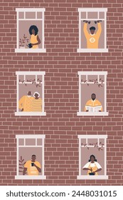 Personas en la ventana de la casa marrón. Los negros. Vecinos. Quédate en casa concepto. Ilustración vectorial