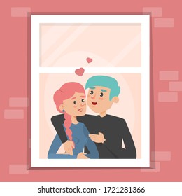 People at the window. Characters sitting at home in quarantine. Stay home, stay healthy. Male and female persons looking out of the window. Romantic couple