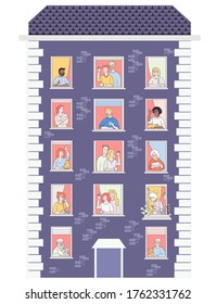 People in the window frames. The concept of living and self-isolation. Residential building and many different neighbors in the open windows, an elderly couple with dogs, a grandmother with a cat