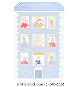 People in the window frames. The facade of the house with open windows and neighbors - young and old. Birthday elderly couple with a dog and with a balloon. To stay home. Self-isolation. Vector illust