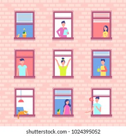 People In Window Frames Inside Brick Wall. Neighbors That Live In Apartment Building Do Their Morning Routine Near Windowsill Vector Illustration.