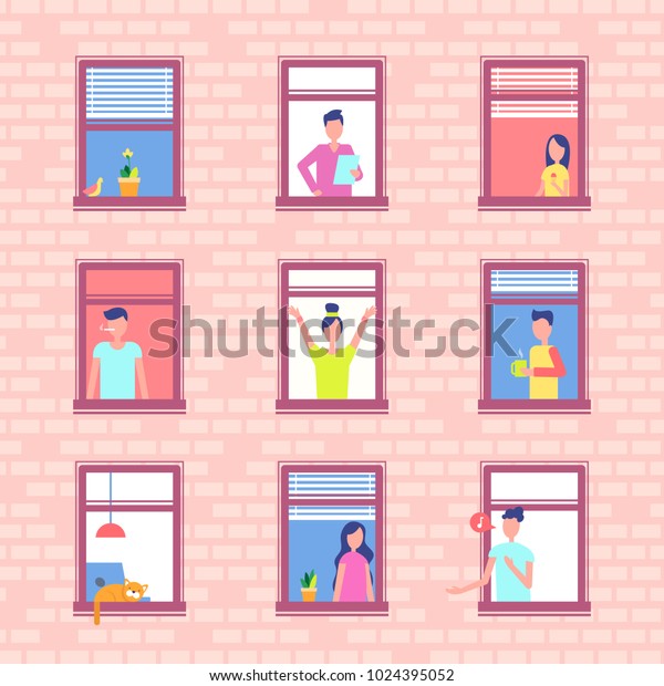 レンガ壁の内側の窓枠の人 アパートに住む近所の人たちは 窓台のベクターイラストの近くで朝の日課をする のベクター画像素材 ロイヤリティフリー