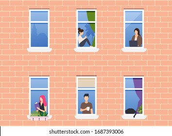 People in window frames. Neighbors people character. Exterior of building with opened windows and people living inside.