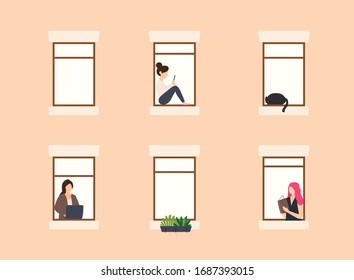 Personas en marcos de ventana. Personaje de los vecinos. Exterior de edificio con ventanas abiertas y gente que vive dentro.