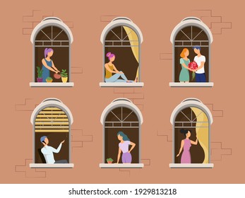 People in window frames. Neighbors evening live in apartments. Vector flat illustration