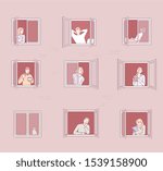 People in window frames . Neighbors that live in apartments. The facade of the house. Hand drawn style vector design illustrations.
