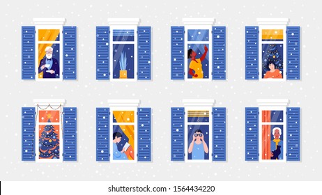 People in window frames. Neighbors that live in apartments. Christmas snowfall. New year celebration. The facade of the house. Vector flat illustration