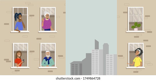 People in the window frames, residential building. Neighbors in their apartments communicate. The concept of stay home. Template with place for text, landing page, web site. The facade of the house. 