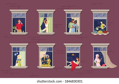 People in window frames.Stay home concept.Neighbors that live in apartments.