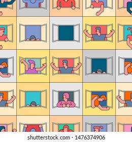 People in window pattern seamless. apartment house background . vector texture