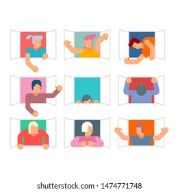 People in window set. Man casement waving his arms. vector illustration