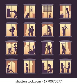 People window silhouettes. Lighting in night house tower apartment buildings vector person silhouettes