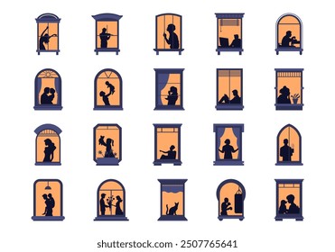 Personas Ventana Siluetas Iluminación en Casa de Noche