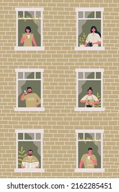 People at the window in yellow house. Neighbors. Stay at home concept. Vector illustration