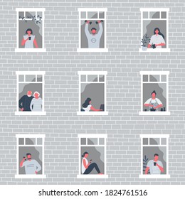 People at the window. Young woman is drinking coffee, guy is training with dumbbells, woman preparing food, girl watering flowers etc. People during the coronavirus epidemic. Stay home concept