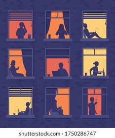 People in windows apartment building look out of  room or apartment, work on laptop, talk on phone, drink coffee, read books, run on treadmill. Concept of surroundings house in evening with people.