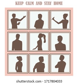 Personas en las ventanas de un edificio - vector.Quédate en casa. Salud mental Cuarentena. 
