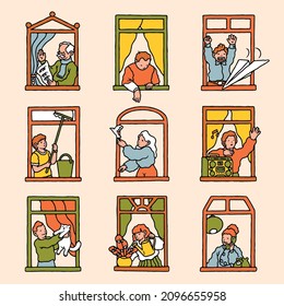People in windows. Cartoon characters staying at home and look out of windows. Vector quarantine concept