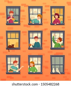 People in windows frames. Communicating neighbors, looking out window and urban residents. Characters inside city apartment in windows at morning cartoon vector illustration