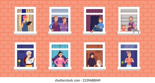 People in windows. Home community and neighbors, friends living in apartment. Person look outside, woman read on windowsill. Neighborhood decent vector concept