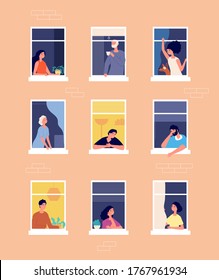 People in windows. Home exterior, neighbors community greeting. Self isolation period, women men in condo neighborhood vector illustration