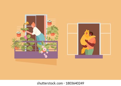 People in the windows home life. Vector illustration