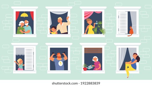 Personas en las ventanas. Hogar con ventana abierta, anciano mirando desde la casa. Comunidad de apartamentos, tiempo de autoseguridad o concepto de vector decente de bloqueo