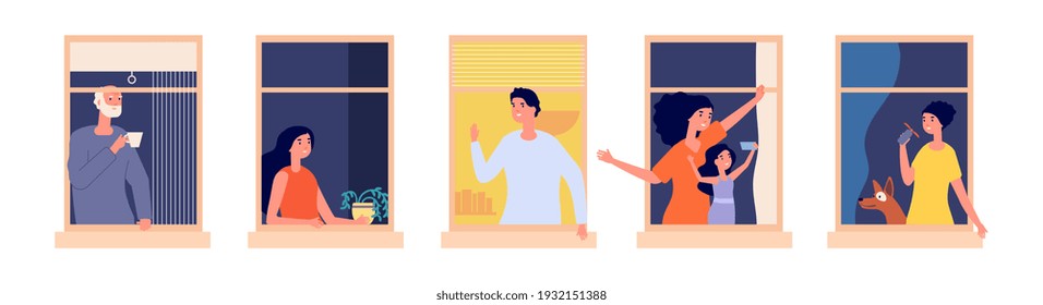 People in windows. Home time, family together. Woman make selfie, man drink morning coffee girl dreaming. Cartoon friendly neighbors vector illustration