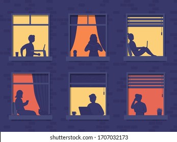 People in windows house look out of room or apartment, work on laptop, talk on phone, read books, running on treadmill. Concept people sit at home evening, working, studying and rest.