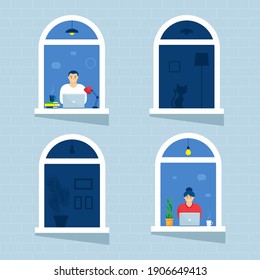 People in windows house look out of room or apartment, work on a laptop, Concept people sit at home, working, studying and rest. Home isolation. lockdown.