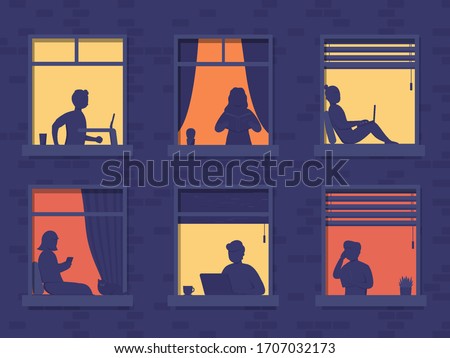 People in windows house look out of room or apartment, work on laptop, talk on phone, read books, running on treadmill. Concept people sit at home evening, working, studying and rest.
