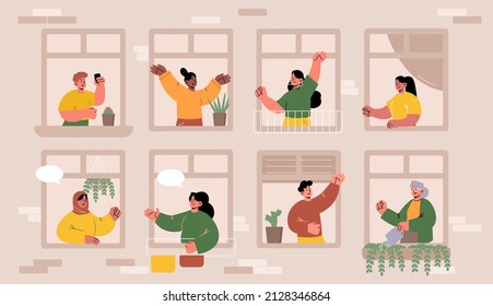 People In Windows, Multiracial Neighbors Men And Women In Their Apartments, Characters Spend Time With Gadgets, Greeting Each Other, Care Of Plants, Dance And Waving Hands Line Art Vector Illustration