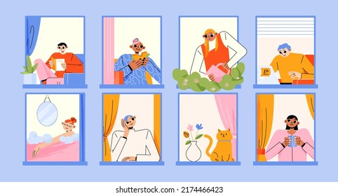 People in windows, neighbors men, women and cat at their home apartments. Friendly characters reading, care of plants, drink coffee, work on laptop, eating, bathing, Line art flat vector illustration