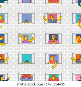 People in windows, pattern seamless. apartment house background . vector texture