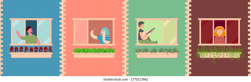 People in windows, relaxing in residential building