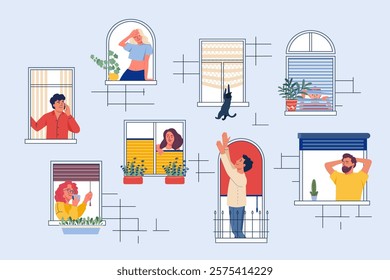 People in windows spaces home with different types of window treatments: curtains, shades, blinds. Neighbors living in apartment building, talk on phone, drink coffee and rest Flat vector illustration