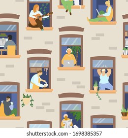 People in windows staying at home and doing different activities: studying, playing guitar, working, doing yoga, cooking, reading. Seamless pattern. Flat vector illustration.