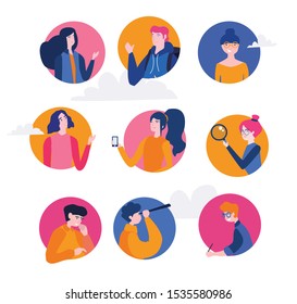 People in windows talking. Team work together in different places or county. Vector illustration for web banner, print, infographics, mobile website. Group of happy students, teenager or office worker