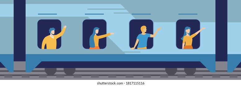 People in windows of train illustration. Happy characters waving their hands to those who see them off on peron long awaited vacation and fun trip to sea trip on windmill new job.