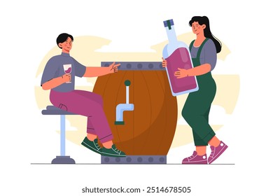 Personas con vino. Hombre y mujer cerca de botella y barril de madera con bebidas alcohólicas. Pareja joven bebiendo alcohol. Equipo de enólogos. Ilustración vectorial plana aislada sobre fondo blanco