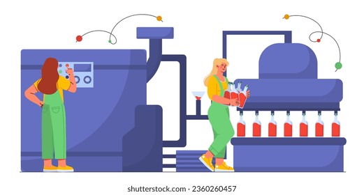 People with wine production concept. Women at factory with alcoholic drinks in glass bottles. Beverage and tasty liquid. Cartoon flat vector illustration isolated on white background